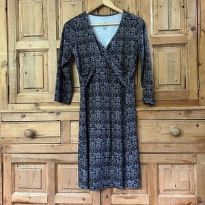 Women's prAna Small Gray Dress 3/4 Sleeve V-Neck Faux Wrap‎ Printed